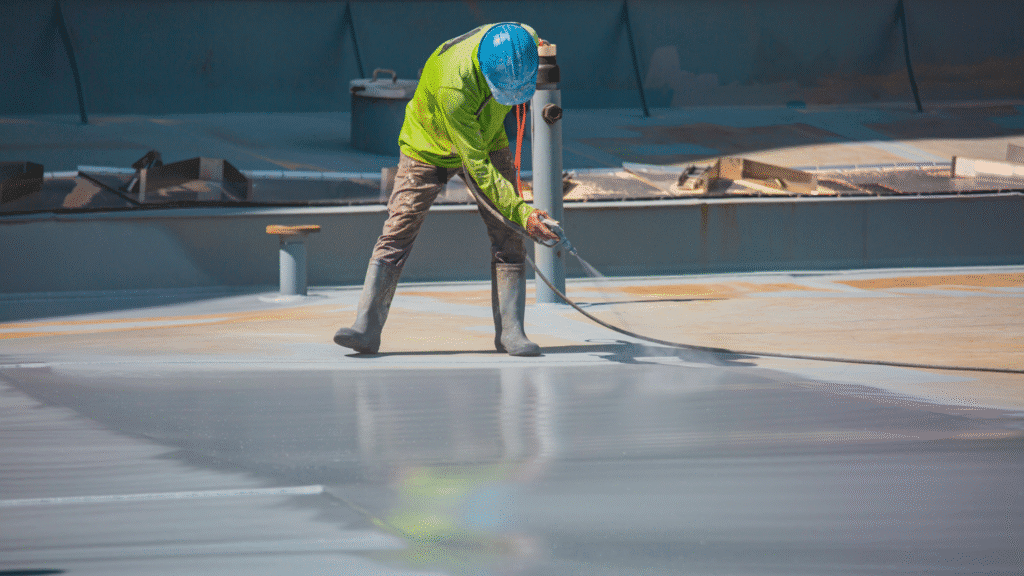 Construction worker applying protective roof coating to improve durability